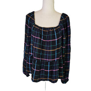 Loft Women's Baby Doll Top Size S Long Sleeve Plaid Ruffle Girly Casual